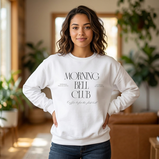 Back To School Morning Bell Club Crewneck Sweatshirt — Minimalist White Cozy Pullover